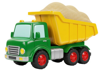 Isolated toy dump truck carrying sand on neutral background. Fun childhood imagination play © Sophie