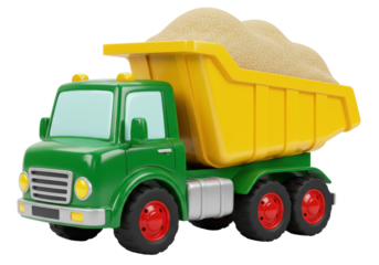 Isolated toy dump truck carrying sand on neutral background. Fun childhood imagination play