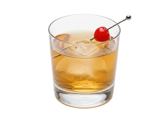 Isolated Old Fashioned cocktail garnished with maraschino cherry and served on the rocks, close-up