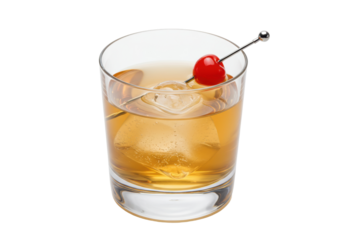 Isolated Old Fashioned cocktail garnished with maraschino cherry and served on the rocks, close-up