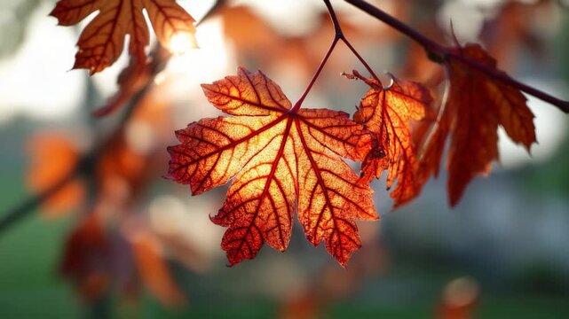 Closeup of autumn maple leaf with sunlight  