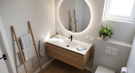 A modern, minimalist bathroom with a round backlit mirror, floating wooden vanity, and a ladder towel rack.