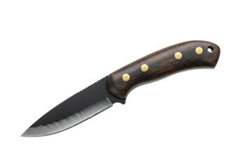 Isolated hunting knife with dark wood handle, metal rivets, and saw tooth pattern blade edge