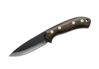 Isolated hunting knife with dark wood handle, metal rivets, and saw tooth pattern blade edge