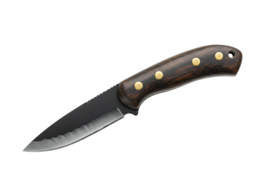 Isolated hunting knife with dark wood handle, metal rivets, and saw tooth pattern blade edge