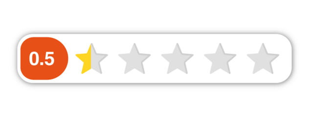 0.5 star rating PNG with transparent background, lowest score review icon with numeric label for feedback and customer dissatisfaction