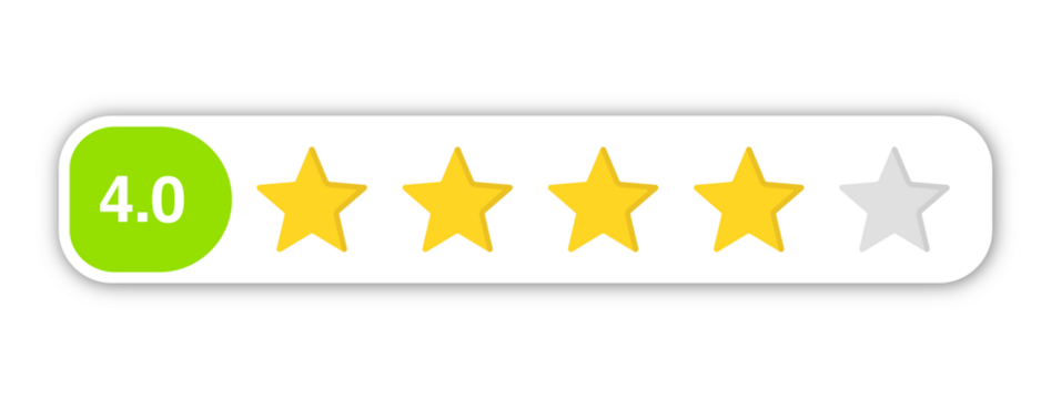 4.0 star rating PNG with transparent background, numeric labeled customer review feedback icon for positive product score and trust