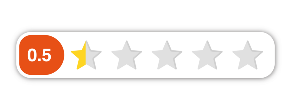 0.5 star rating PNG with transparent background, lowest score review icon with numeric label for feedback and customer dissatisfaction