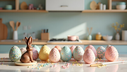 Design a modern kitchen filled with colorful Easter eggs being decorated in a baking-meets-art style. Eggs are painted with icing patterns, sprinkles, edible glitter, and bright fondant shapes. 