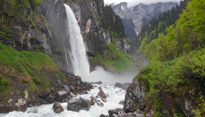 Mountain waterfall cascading into a rocky streambed