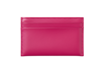 Isolated fuschia-pink leather cardholder with multiple slots, pocket, small purse for essentials