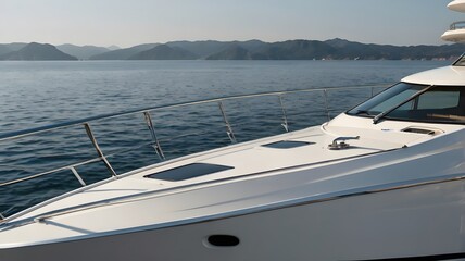 Close-up of a white luxury yacht’s bow and polished railings cutting through calm water, reflections on the hull, neutral background, photorealistic,Generative Ai
