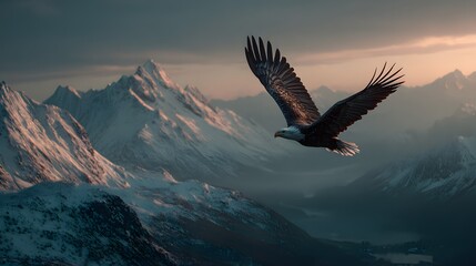 Fototapeta premium Majestic Eagle Soaring Above Snow-Capped Mountains at Sunset