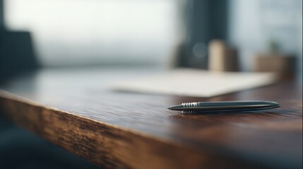 instrument. A single pen lying on a wooden desk with blurred background, professional workspace vibe. pitch deck slides, case study pages, designed for brand storytelling and e-commerce strategy.