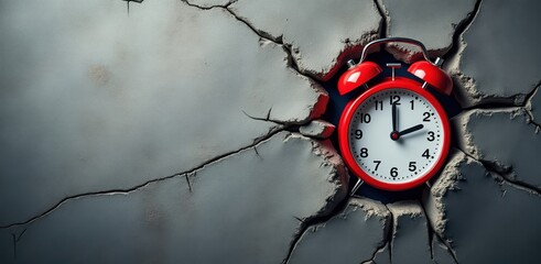 Red alarm clock breaking through cracked concrete wall