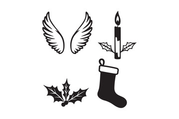 Christmas and angelic symbols drawn in black and white