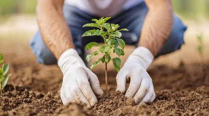 Individual Planting Young Tree in Fresh Soil Outdoors