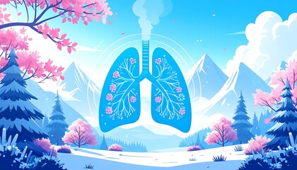 An illustration of lungs filled with flowers, representing health and nature in a serene, mountainous environment with cherry blossoms