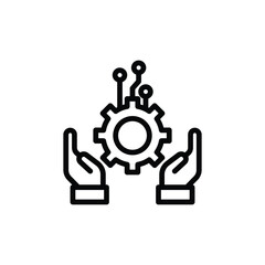 Minimalist Hands Holding Black Gear with Connected Nodes on White Background