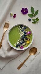 Healthy matcha smoothie bowl with fruit topping