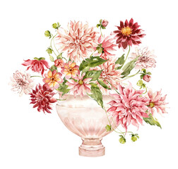 Dahlia Floral Arrangement, Pink Dahlias Composition in Vintage Vase, Pink, Burgundy Flowers Illustration