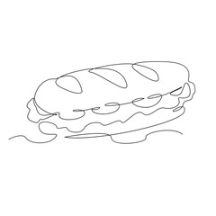 One continuous single drawing line art flat doodle sandwich, tomato, food, lettuce, bread, snack, baguette. Isolated image hand draw contour on a white background, hand drawn, not AI