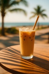 Iced latte on summer café table with tropical vibe