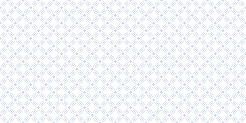 Fototapeta premium Abstract minimal diamond grid ornament. Vector seamless pattern with floral geometric lattice, small stars, lines, leaves. Simple luxury white and blue background. Royal Eastern style repeated design