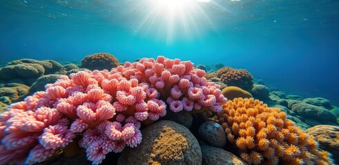 Vibrant pink and orange coral reef under sunlit ocean surface