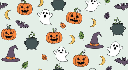 Whimsical Halloween Seamless Pattern with Ghosts, Witch Hat, Pumpkins, and Bats on Light Green Background