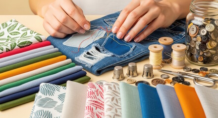 Female seamstress engaged in creative sewing process, mending denim fabric with colorful threads and various fabric swatches, showcasing textile artistry and craftsmanship
