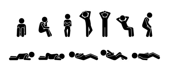 Stickman sleep and relax poses icon set. Vector pictogram of people resting, lying down, sitting, relaxing, sleeping, meditation, fatigue, stress relief, tired person, simple human silhouette.