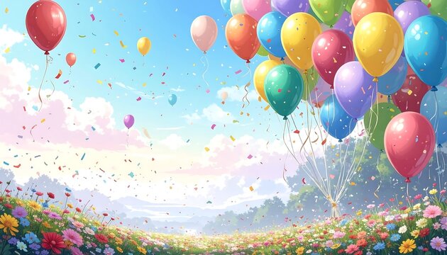 Colorful balloons over a field of flowers