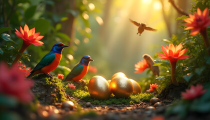 Create a colorful jungle with hidden golden Easter eggs among exotic plants and animals. Birds with rainbow feathers perch near the eggs, monkeys swing on glowing vines, and flowers open to reveal 