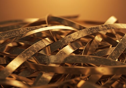 Pile of shiny golden metal ribbons creating an abstract modern metallic texture with warm bronze tones and soft lighting background