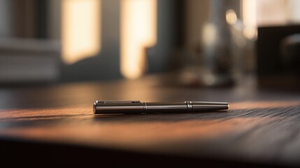 instrument. A single pen lying on a wooden desk with blurred background, professional workspace vibe. pitch deck slides, case study pages, designed for brand storytelling and e-commerce strategy.