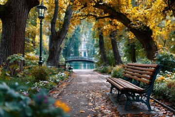 Fototapeta premium Empty Bench in Autumn Park by a Pond