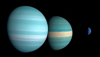 Obraz premium Astronomical rendering of three celestial bodies of differing sizes and colored bands against a dark, star-filled background