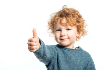 A cute, young child with thumbs up, isolated on a white background. The image was taken in a studio setting with soft lighting,