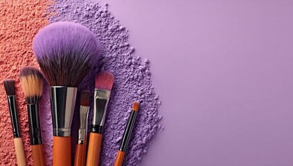 Makeup brushes and powder.  Several makeup brushes, various sizes and shades of color, arranged on a background of vibrant pink and purple powder.  A top-down view shows the brushes in close proximity