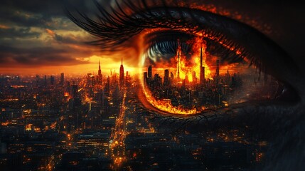 Eye reflects fiery city, dramatic sky, building lights, and orange glow