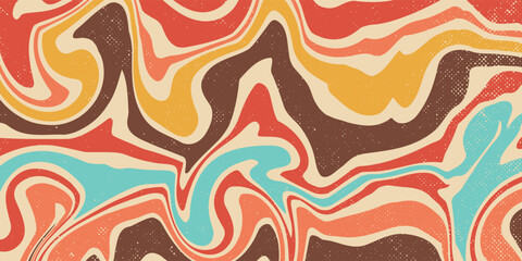 Abstract Retro 70s colorful sun with rays on vintage background. Groovy banner, poster or postcard. Vector illustration.