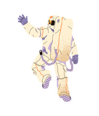 Astronaut in spacesuit is greeting back view. Cosmonaut is flying in outer space. Spaceman is waving hand, soaring in cosmos, spacewalks. Flat isolated vector illustration on white background