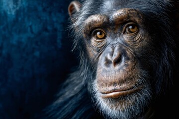 Chimpanzee face looking at camera in wildlife portrait