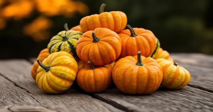 Vibrant pumpkins stacked on a wooden table outdoors