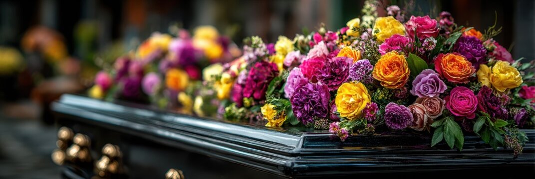 Colorful floral arrangement on a casket during a memorial service in a serene outdoor setting