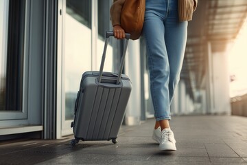 Traveler pulling suitcase at airport terminal, wearing casual jeans and sneakers. Concept of travel, tourism, vacation, business trip, journey, luggage, mobility and modern lifestyle.