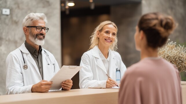 Doctors consulting patient at hospital reception desk. Concept of healthcare, medical service, insurance, family medicine, hospital visit, professional support, consultation and trusted health care.