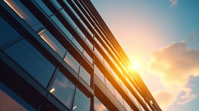 A captivating upward view of a modern glass skyscraper, its reflective facade bathed in warm, golden sunlight for urban development, corporate success, finance, innovation, and architectural beauty
