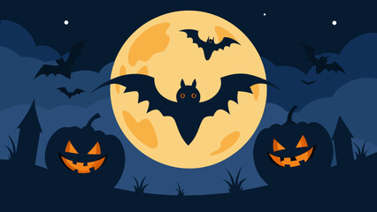 Bats Circling Over Pumpkins in Moonlight Background
